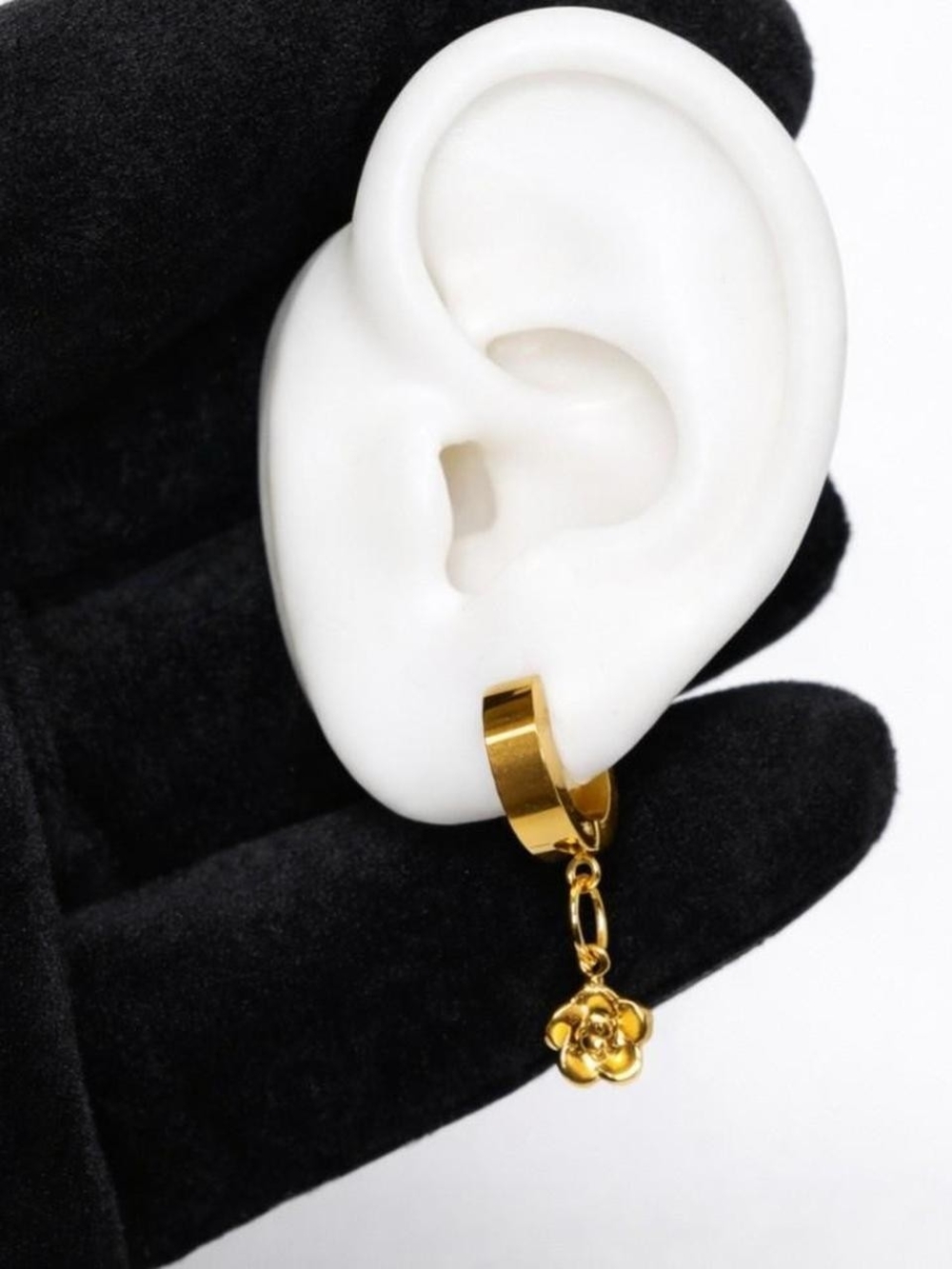 Rose Flower Dangle Hoop Earrings, Gold Plated Stainless Steel